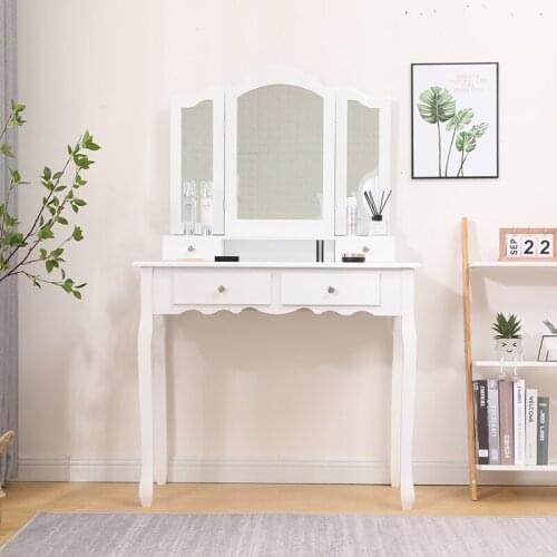 European Style Dressing Cosmetic Table With Stool And Three-fold Mirror 3 Mirrors 4 Drawers Bedroom Household Furniture