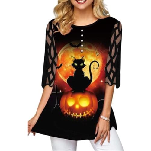 Halloween Pumpkin Black Cat Print Lace Sleeve Button Decoration Women T Shirt O Neck Ladies Spring Autumn Products Vintage Tops