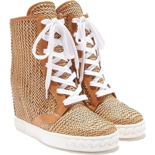 New Designer Braided Cane Height Increased Ankle Boots Thick Sole Women Round Toe Zipper Senaker Woman Lace Up Martin Boots