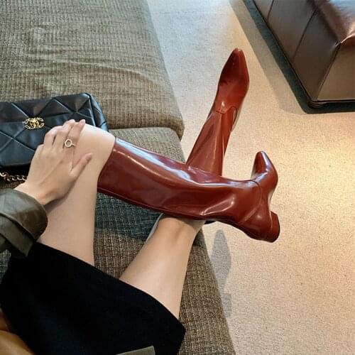 Brand Western denim leather boots womens knights boots 2020 new knee short boots pointed wine red high boots