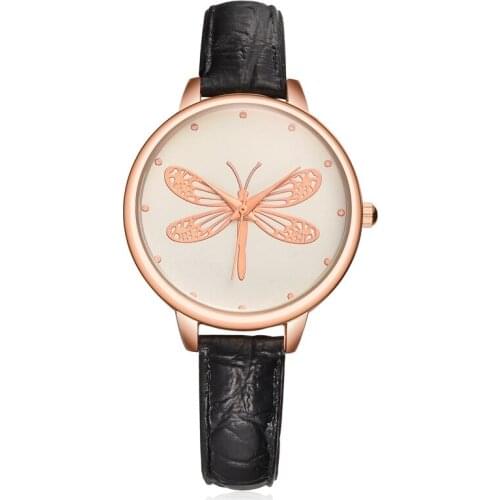 Women Leather Wristwatch Dragonfly Pattern Dial Bracelet Watch Lady Exquisite Quartz Watches