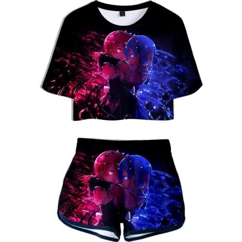 Re Zero 3d Printed Two Piece Set Women Anime Rem and Ram Short Sleeve Crop Top + Shorts Streetwear Casual Tracksuit Clothes