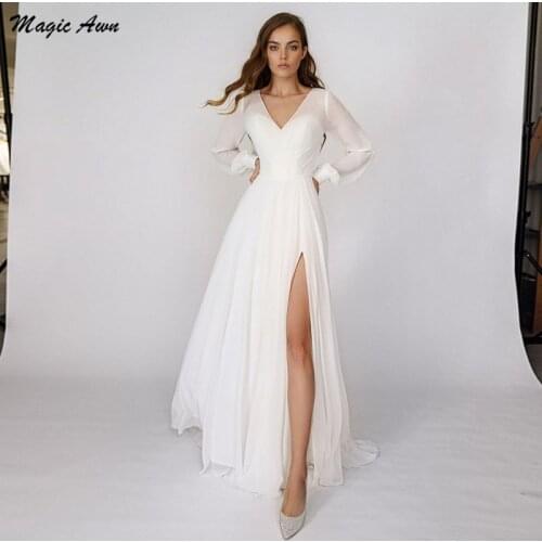 Magic Awn Long Sleeves Chiffon Wedding Dresses Boho V-Neck Illusion Side Split Beach A-Line Simple Mariage Gowns Vestido Boda