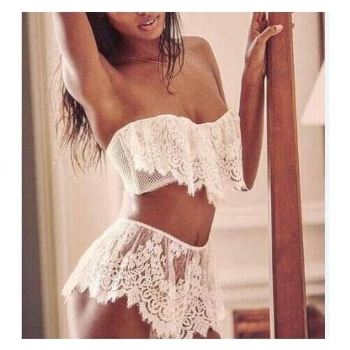 2021 Womens Sexy Lace Sleepwear Pajamas Set Bandeau Crop Top Ruffle Undergarment Two-Piece Strapless Lingerie Set