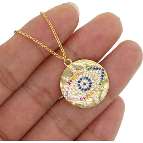 2021 Gold filled turkish colorful evil eye lucky women ladyes gift rainbow cz stone trendy Round coin pendant necklace jewelry