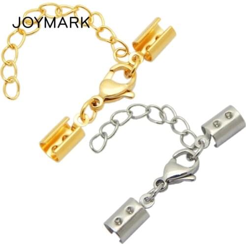 4 Sizes Stainless Steel Ribbon Crimps Jewelry Cord End Caps Lobster Claw Clasp With Extended Chain Jewelry Accessory BXGC-185