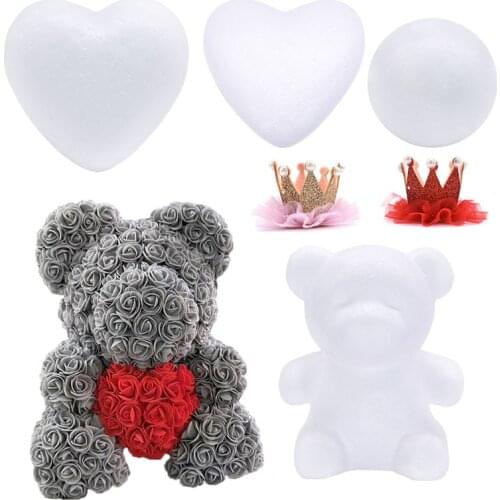 White Foam Heart Ball Bear Mold Mini Artificial Flower Head Rose Bear DIY Supplies Valentines Day Gift Wedding Party Decoration