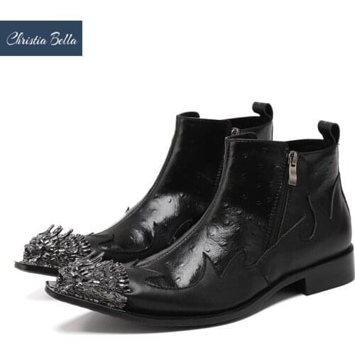 Christia Bella Winter Fashion Party Men Boots Black Genuine Leather Ankle Boots Metal Pointed Toe Motorcycle Short Boot Big Size