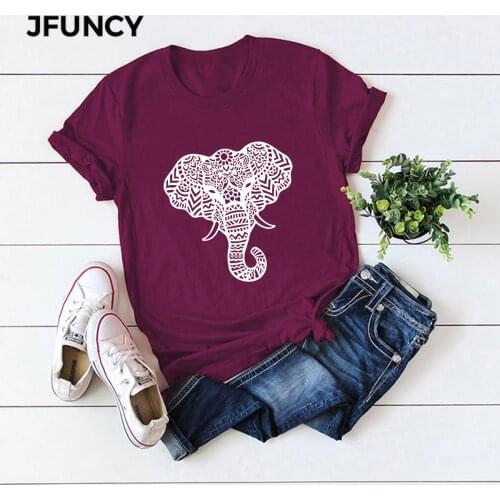 JFUNCY Summer Plus Size Women T Shirt Elephant Print Graphic Tees Woman Tops Funny Casual T-shirts Streetwear Kawaii Clothes