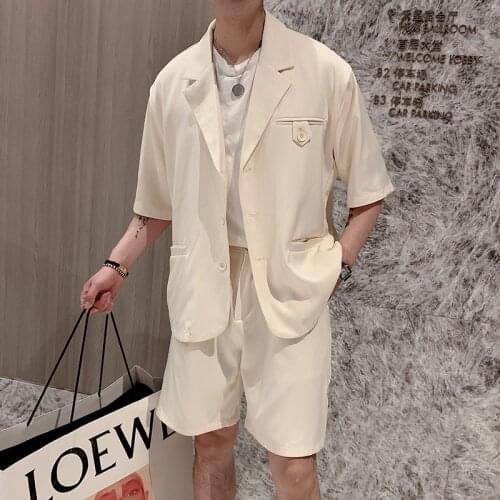 High Quality Men Suit Set Summer Korean Half Sleeve Blazer Jacket Plus Shorts All Match Front Button Decor Loose Men Short Sets