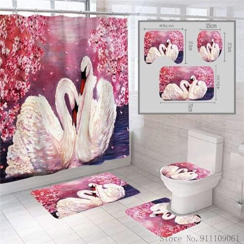 Fashion Swan Series Shower Curtain Rugs Set 4Pcs 3D Digital Printing Home Waterproof Shower Curtain Toilet Mats Home Decoration