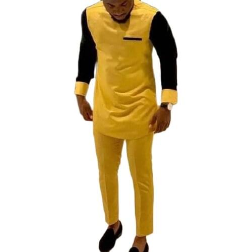 Nigerian Fashion Yellow Cotton Mens Shirt Patchwork Tops+Trousers Groom Suits Male Wedding Outfits Customized