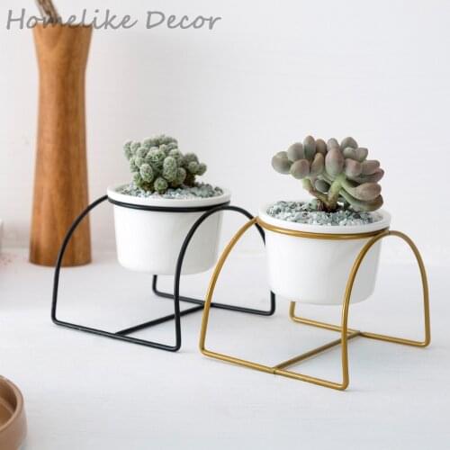 Pack of 2 Original Arched Ceramic Flower Pots with Iron Stands Porcelain Planters for Succulents Plants Home Office Table Decor