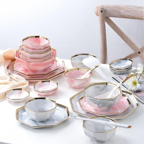 Gold Gray Pink Marble Dinner Plate Set Ceramic Kitchen Plate Tableware Set Food Dish Rice Salad Noodles Bowl Soup Kitchen Tool
