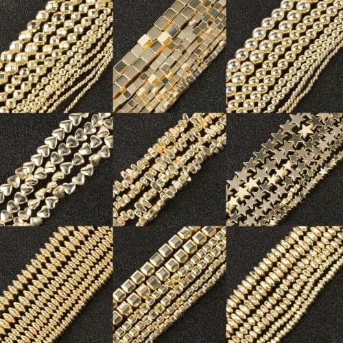 Natural Hematite Beads Light Gold Plated Round Square Star Heart Loose Spacer Stone Beads for Jewelry Making DIY Bracelet 15