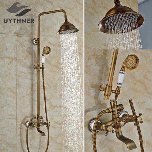 Newly Antique Brass Bthroom Shower Set Faucet w/ Handheld Shower Wall Mount Shower Mixer Tap Faucet Dual Handles