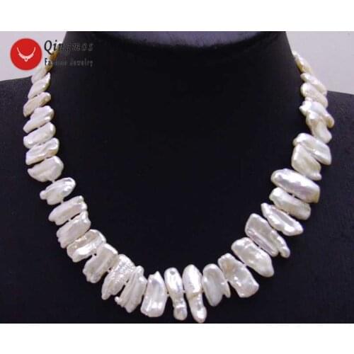 Qingmos Trendy Natural Pearl Necklace for Women with 12-15mm White Biwa Pearl Chokers Necklace Jewelry 17'' Nec6142 Free Ship