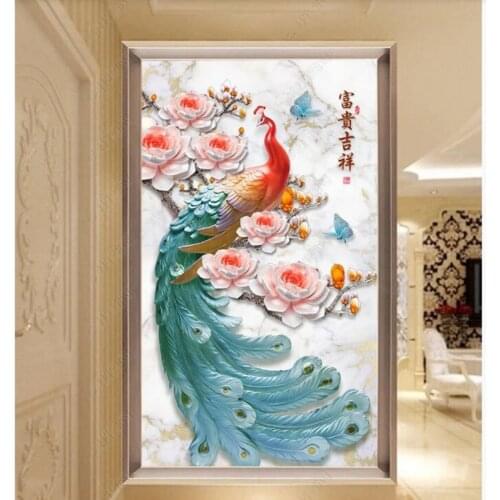 Papel de parede Chinese style 3D stereo relief peacock marble pattern entrance wallpaper door sticker,living room bedroom mural