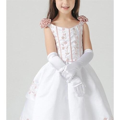 1 Pair Wedding Flower Girl Gloves Long Satin Pearl Decor Dress Gloves for Kids Wedding Evening Party