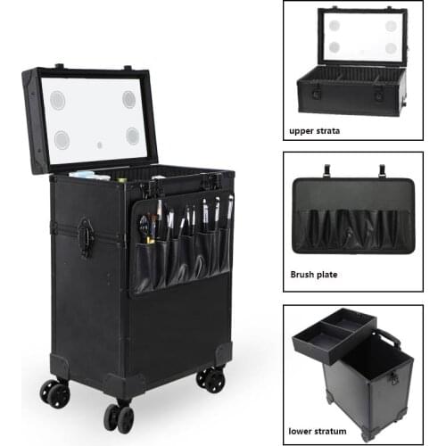 Professional Heel Makeup Artist Metal Trolley Suitcase Double-Deck High-Capacity With Lamp Beauty Manicure Embroidery Tool Case