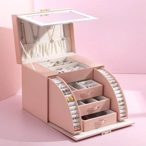 VoltaBox 2021 New Large Capacity Multi-layer Jewelry Storage Box Pink Leather Jewelry Box with Lock and Mirror Earring Organizer