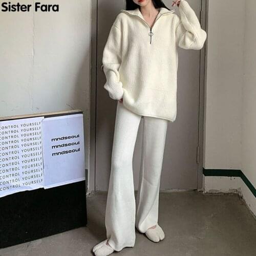 Sister Fara 2021 Knitted Pants Autumn Tracksuit Womans Knitted Pants Sweater Set Womens Winter Wide-Leg Pants Two-Piece Suit