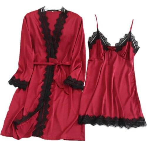 Spring and Autumn Womens Nightgown Two Piece Set Sexy Lace Sling Silk Chest Pad Home Service