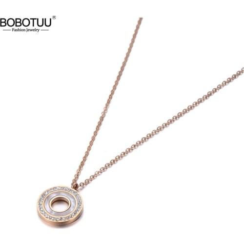 BOBOTUU Trendy Titanium Steel Shell Circle Charm Pendant Jewelry Rose Gold CZ Crystal Choker Wedding Necklace For Women BN19092