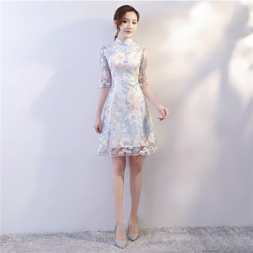 Shanghai Story 2018 new arrival White Party Dress For Women Half Sleeve embroidery cheongsam Lace qipao