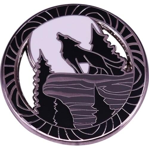 Wolf Howling at the Full Moon Enamel Pin Black White Silhouette Art Badge Nature Wisdom Totem Gift
