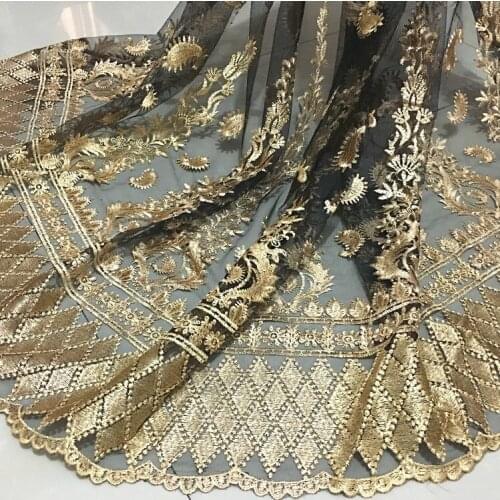 1 Yard Gold Lace Fabric On Black Tulle Mesh African Scalloped Edge bridal Lace Fabric For Party Dress Ball Gown Evening Dress
