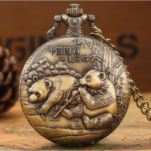 Antique Retro Bronze Cute National Treasure Giant Panda Quartz Pocket Watch Sweater Chain Necklace Pendant Clock Souvenir Gifts