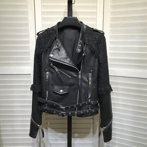 Biker & Moto coat spring and autumn womens jacket 2021 new arrival genuine leather pacthwork style slim outerwear short