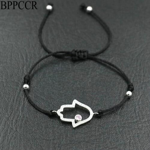 BPPCCR Men Women Gold Silver Color Crystal Zircon AAA Rhinestone Hamsa Hand Red Rope Thread Strings Lucky Bracelet Pulseras