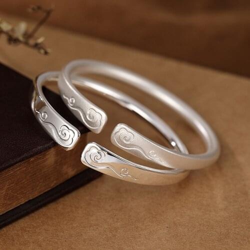S999 pure silver glossy ancient silver bracelet retro personality Xiangyun Open womens sterling silver bracelet cuff