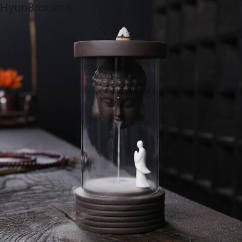 Auspicious Buddha head Backflow Incense Burner Clear Cover Ceramic Crafts Teahouse Ornaments Beautiful Home Decor Cone Censer