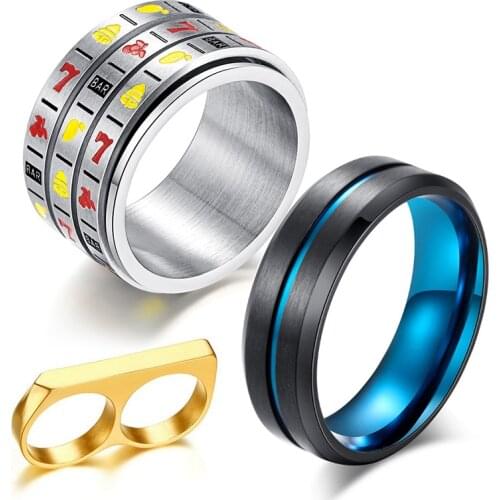 Fruit Slot Machine Rotating Stainless Steel Ring Party Gambling Game Ring for Women Men Brushed Black Blue Two-tone Matte Ring
