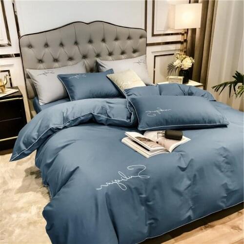 Grey Solid Egyptian Cotton Bedding set USKing Queen size Chic Golden Embroidery Beddingsets Super Soft Bed sheet set Duvet cover
