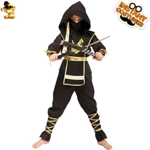 Super Handsome Black Ninja Costume with Golden Dragon Print Halloween Carnival Party Deluxe Warrior Cosplay Clothing for Kid Boy