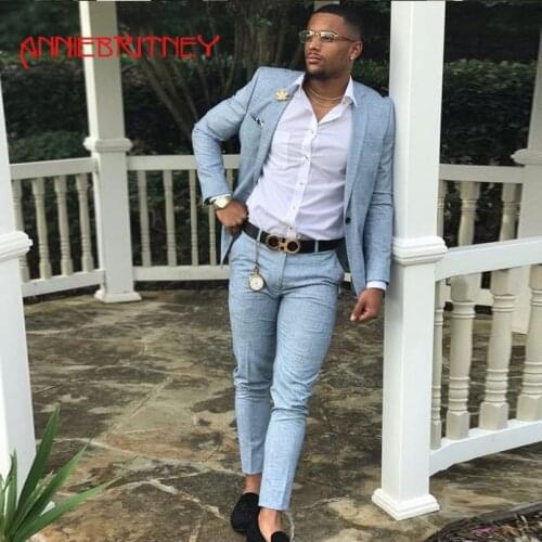 Summer Beach Blue Linen Men Suits 2 Pieces Slim Fit Groom Tuxedos Casual Suit Slim Fit Blazer Formal Suits Jacket+Pants