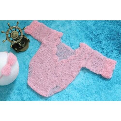 New Style Baby Lace Neck Mohair Romper V Neck Mohair Jumpersuit Newborn Overall Headbandband Bow Photography Props