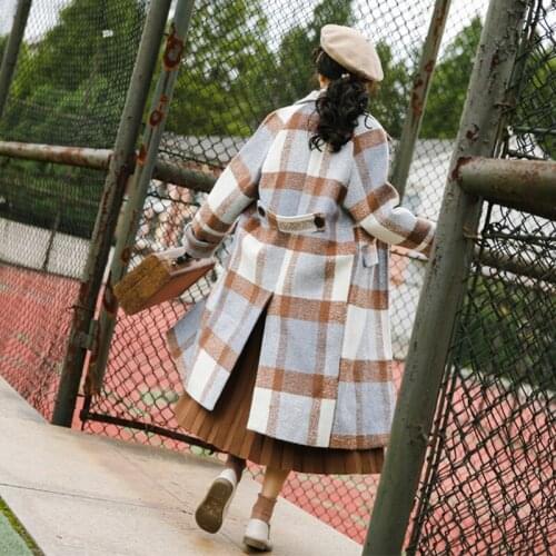 Woolen Coat Winter Womens Waist Placket Decorated Long Plaid Wool Coat Thicken Jacket Fashion Woman Woolen Coats Outwear