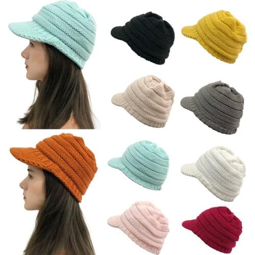 Women Winter Warm Knit Hat Wool Snow Ski Caps with Visor Wool Knitted Visor Beanie Winter Hat
