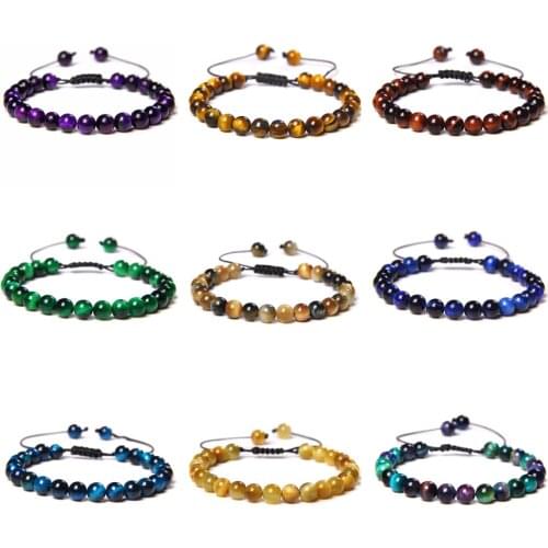 6MM Tiger Eye Lava Stone Bracelets Bangles Trendy Natural Stone Woven Adjustable Stretch Bracelet For Women Men Jewelry