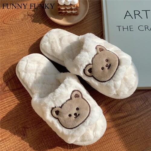 Womens Shoes Animal Brown Bear Slippers for Women House Slides of Faux Furry Fur Antiskid Fluffy Home Indoor Cartoon Flats