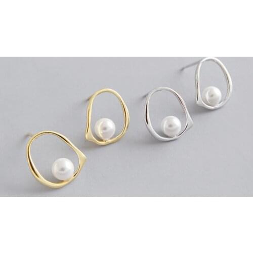 New Arrival Simple Geometric Pearl Round Studs Earrings Golden Tibetan Sliver Korean Style Women Ladies Sliver Jewelry KED3265