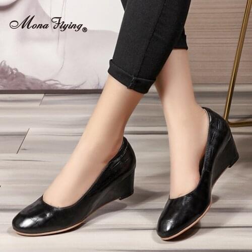 Mona Flying Women‘s Premium Leather Wedge Pumps Shoes Slip-on Hand-made Round-Toe Fashion High Heel Dress for Ladies 078-CK2
