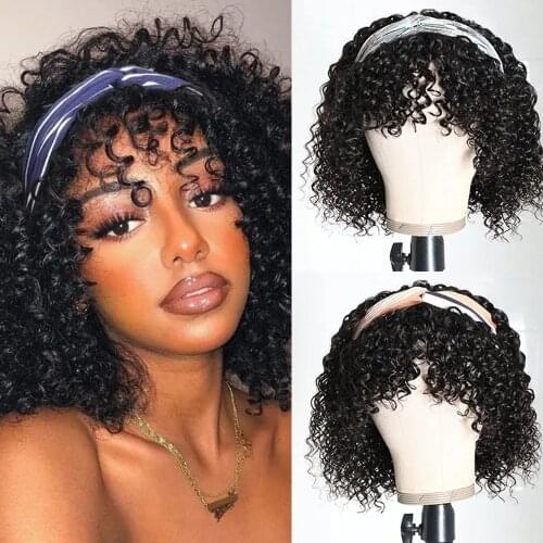 Jerry Curly Short Bob Headband Wigs With Bangs Full Machine Made Human Hair Wigs Natural Black Brazilian Virgin Hair For Women