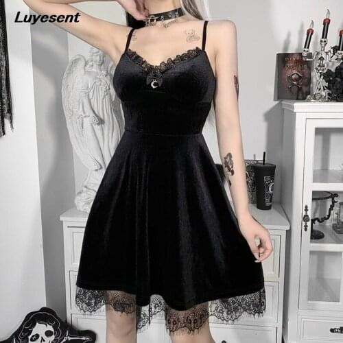 Black Gothic Lady Sexy Mini Dress Summer Backless High Waist Women Lace Deep V Neck Dresses Sleeveless Crescent Bow Cloth