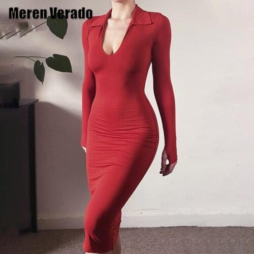 Meren Verado Nude Solid Bodycon Women Dress Long Sleeve Turn-down V-neck 2021 Skinny Clubwear Outfits Midi Dresses Basic Slim
